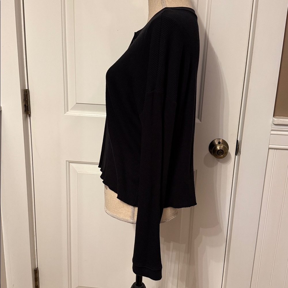 EVERLANE TOP TEE LONG SLEEVE BLACK WAFFLE KNIT COTTON BOXY SIZE S CROPPED (mens) - Picture 4 of 10
